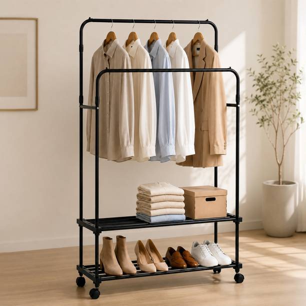 LEOPAX Metal Double Rail Clothes Hanging Stand Garment Organizer Rack with Bottom Shelf Metal Coat and Umbrella Stand