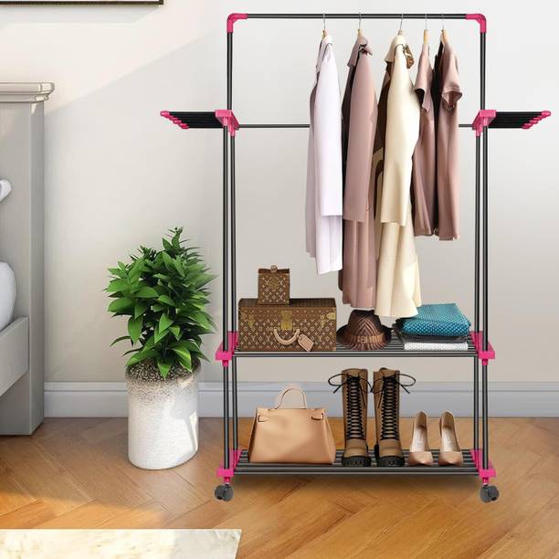 LEOPAX Garment Rack with Shelves and 12 Hooks Metal Clothes Rail Stand with Lower Shelf Metal Coat and Umbrella Stand