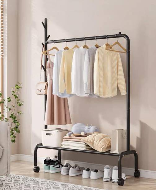 lukzer Multipurpose Heavy-Duty Single Pole Garment Rack with Wheels 1 Bottom Shelf Metal Coat and Umbrella Stand