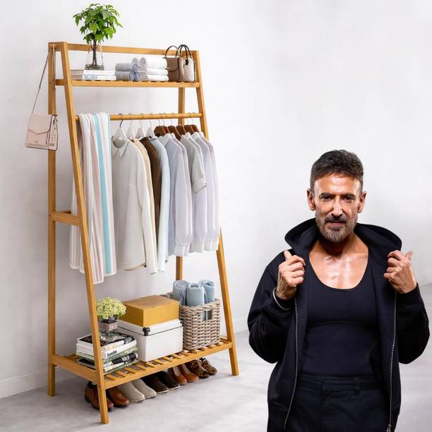 ADA Handicraft Premium Natural Bamboo Clothe Garment Rack with Side Hooks, Top Rod & Shoe Shelf Bamboo Coat and Umbrella Stand