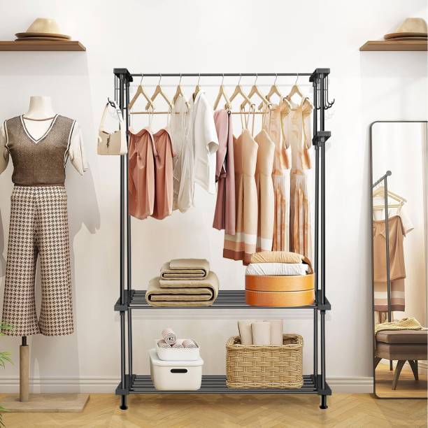 LEOPAX 2-Tier Cloth Garment Rail with 10 Side Hooks, Shoe Storage Organizer Shelf Rack Metal Coat and Umbrella Stand