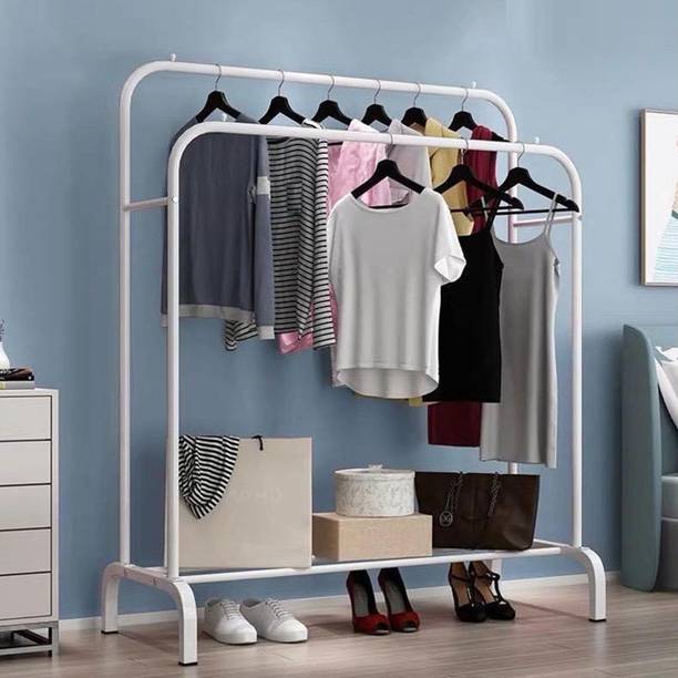 LEOPAX Metal Double Rail Clothes Hanging Stand Garment Organizer Rack with Bottom Shelf Metal Coat and Umbrella Stand