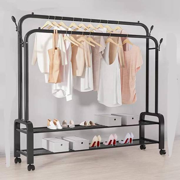 KriShyam ® Garment Metal Cloth Rack Hanger With 4 Wheels and 4 Hooks for Hanging Clothes Metal Coat and Umbrella Stand