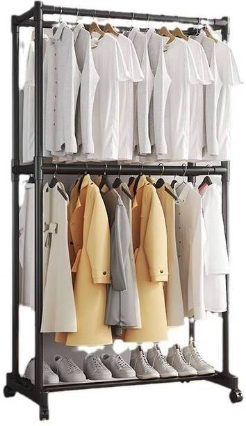 Sampri Double Rods Portable Garment Rack,Metal Clothes Rack with 4 Side Shelves Metal Coat and Umbrella Stand