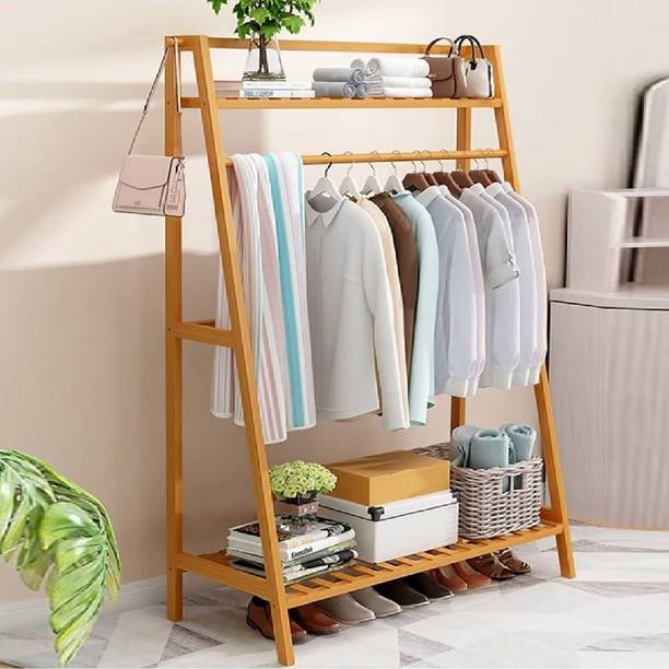 ADA Handicraft Premium Natural Bamboo Clothe Garment Rack with Side Hooks, Top Rod & Shoe Shelf Bamboo Coat and Umbrella Stand