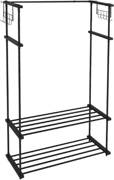 LEOPAX 2-Tier Cloth Garment Rail with 10 Side Hooks, Shoe Storage Organizer Shelf Rack Metal Coat and Umbrella Stand