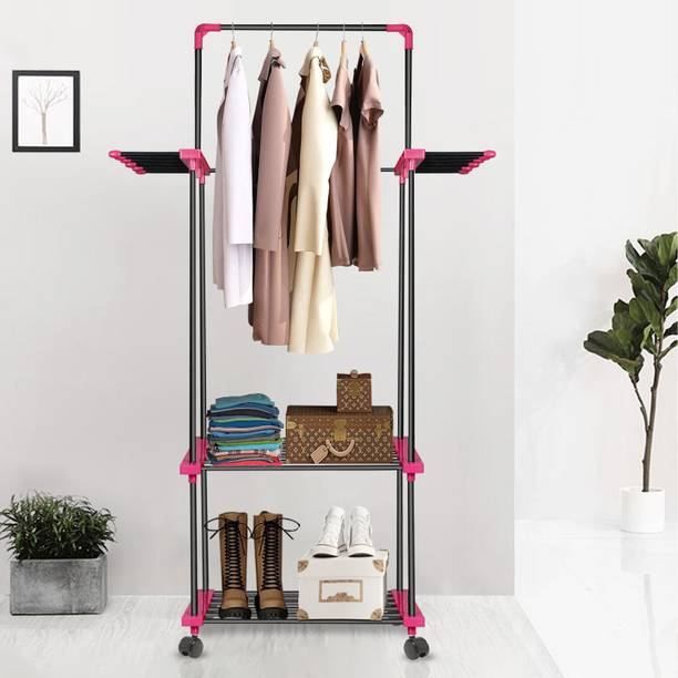 LEOPAX Garment Rack with Shelves and 12 Hooks Metal Clothes Rail Stand with Lower Shelf Metal Coat and Umbrella Stand