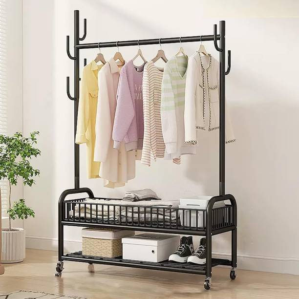 HOUSE OF QUIRK 6 Side Hooks Bottom for Hanging Clothes with Wheels -100 cm-100DX34WX173H Cm Metal Coat and Umbrella Stand