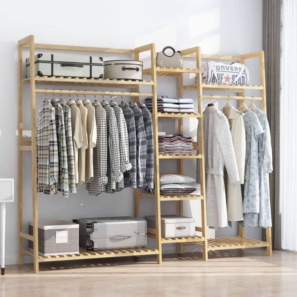 ADA Handicraft Multifunction Bamboo Dual Rod Garment Rack Free Standing Wardrobe Display Stand Bamboo Coat and Umbrella Stand