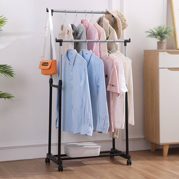 DWELLIT Adjustable Metal Clothes Rack with Wheels & Shelf | Portable Garment Stand Metal Coat and Umbrella Stand