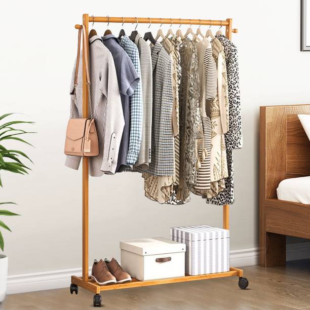LEOPAX Bamboo Rolling Garment Rack with 2 Side Hook Clothe Rail with Shoe Storage Shelf Bamboo Coat and Umbrella Stand