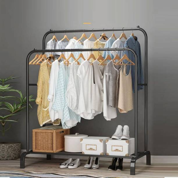 LEOPAX Metal Double Rail Clothes Hanging Stand Garment Organizer Rack with Bottom Shelf Metal Coat and Umbrella Stand