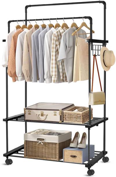 LEOPAX 2 Tier Coat Storage Organizer Metal Clothe Garment Rail with Top Road & 10 Hooks Metal Coat and Umbrella Stand