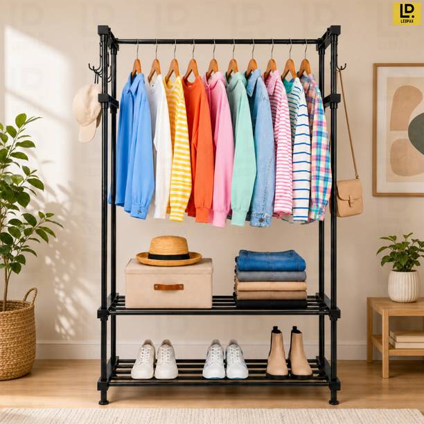 LEOPAX 2-Tier Cloth Garment Rail with 10 Side Hooks, Shoe Storage Organizer Shelf Rack Metal Coat and Umbrella Stand