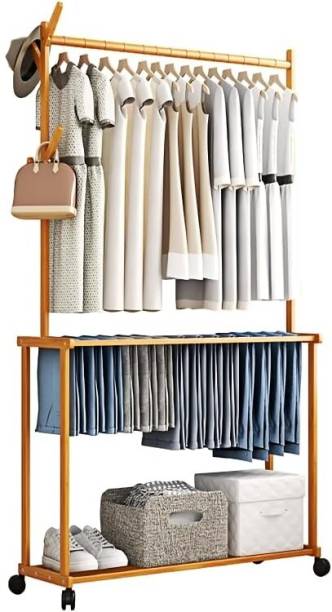 ADA Handicraft Bamboo Cloth Garment Rack Heavy Duty Clothes Hanging Rail with 2 Shelves 4 Hooks Bamboo Coat and Umbrella Stand