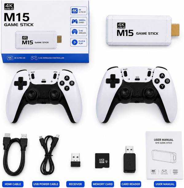 M15 4K Ultra HD Games Stick 20000+ Games 64GB Dual Wireless Controllers HDMI TV with Game and Expansion Pack
