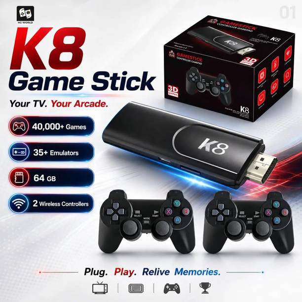 HG WORLD K8 Retro Game Stick Console with Dual 2.4GHz Controllers Video Games For TV 64 GB with 35+ Emulators, 40000+ Preloaded Retro Games