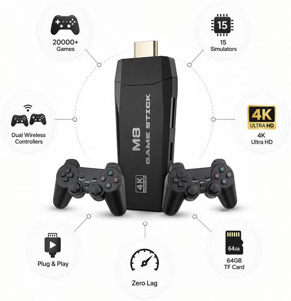 M8 Pro 4K Ultra HD Retro HDMI Game Q2 Stick 64GB Dual Wireless Controller with Game and Expansion Pack