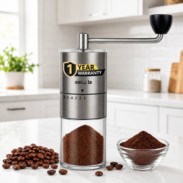 iBELL GRINDX6 Manual Coffee Grinder,6 Adjustable Settings,Glass Jar,Detachable Handle, 6 Cups Coffee Maker