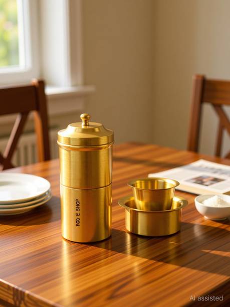 PGD Brass coffee filter with dabara Set | South Indian Drip Decoction Liquid Maker 4 Cups Coffee Maker