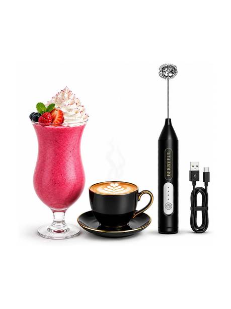 berryful Rechargeable Electric Milk Frother USB 3 Speed with Art Stencil & eBook 10 Cups Coffee Maker