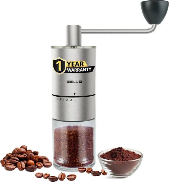 iBELL GRINDX6 Manual Coffee Grinder,6 Adjustable Settings,Glass Jar,Detachable Handle, 6 Cups Coffee Maker