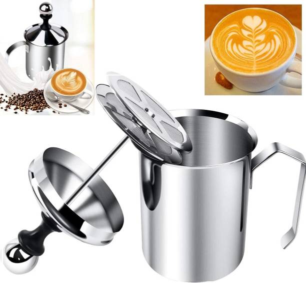 KRIAESHA Stainless Steel Manual Milk Frother Handheld 400ml Coffee Foam Maker 2 Cups Coffee Maker