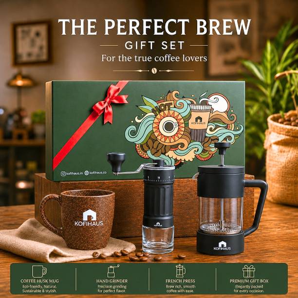 KOFIHAUS Premium Coffee Gift Set French Press, Manual Coffee Grinder, Husk Coffee Mug Personal Coffee Maker