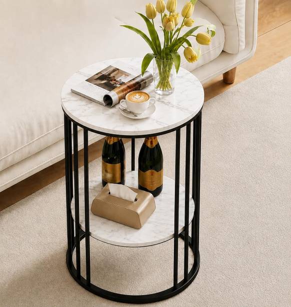 Vuhome Modern Round Marble Finish Coffee Table with 2-Tier Storage Shelf Engineered Wood Coffee Table