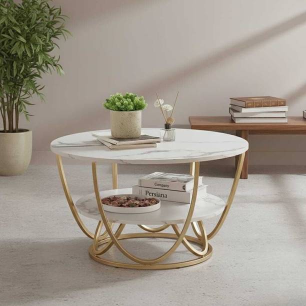 Artisanvibes Luxury Round Coffee Table with Marble Finish Top & Golden Metal Frame – 2-Tier Engineered Wood Coffee Table