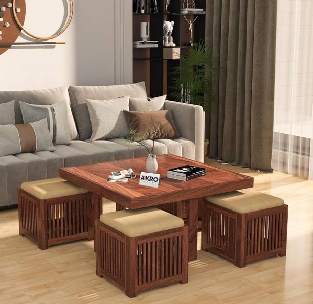 AakroCrafts Solid Wood Coffee Table with 4Stools|Wooden Center Table| Teapoy Tea Table Solid Wood Coffee Table