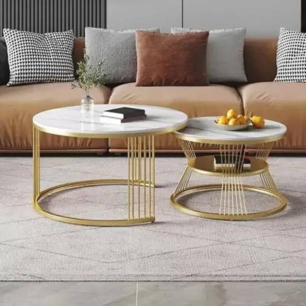 ALM SHOPPEE Marble Effect Table Set of 2 Coffee Tables with Metal Frame Design Side Tables Engineered Wood Coffee Table