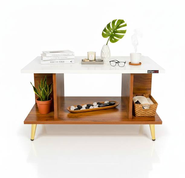 Urbanovia Wooden Centre Table with Shelf Storage and Golden Metal Legs Engineered Wood Coffee Table