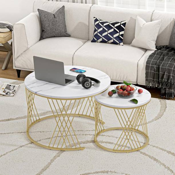WoodenTwist Cross Design Metallic Set of 2 Round Engineered Wood Coffee Table