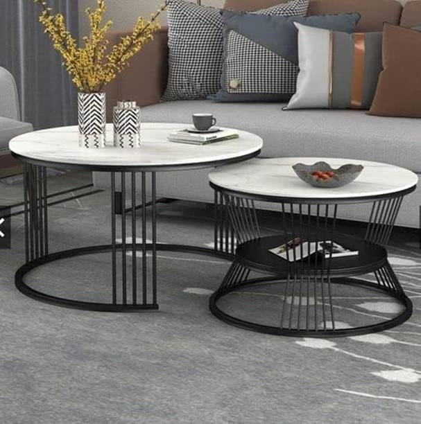 frozenfly Iron Frame Marbled Laminated Round Coffee Table Set of 2 Engineered Wood Coffee Table