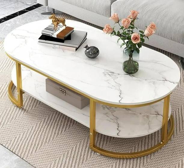 Aaliya mart Marble Finish Oval Coffee Table with Metal Frame & Storage Shelf | Center Table Engineered Wood Coffee Table