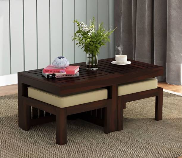 NMT FURNITURE Solid Sheesham Wood Coffee Table With 2 Stools For Living Room, Café, Hotel. Solid Wood Coffee Table