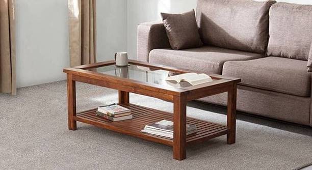 WOODTREND Solid Wood Coffee Table with Glass Top Storage Shelf for Living Room Solid Wood Coffee Table