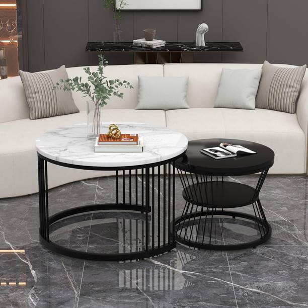 The Evozal Craft Iron Frame Round Coffee Table Set 2 Piece, Nesting Table( Multi color) Engineered Wood Coffee Table