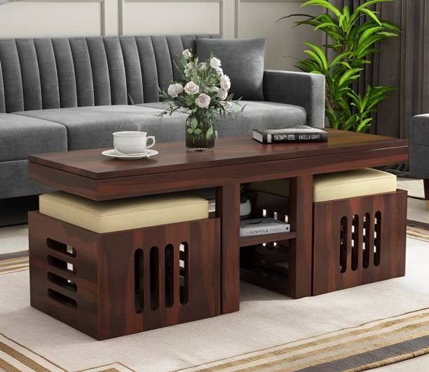 NMT FURNITURE Solid Sheesham Wood Coffee Table With Storage & 2 Stools For Living Room, Café . Solid Wood Coffee Table