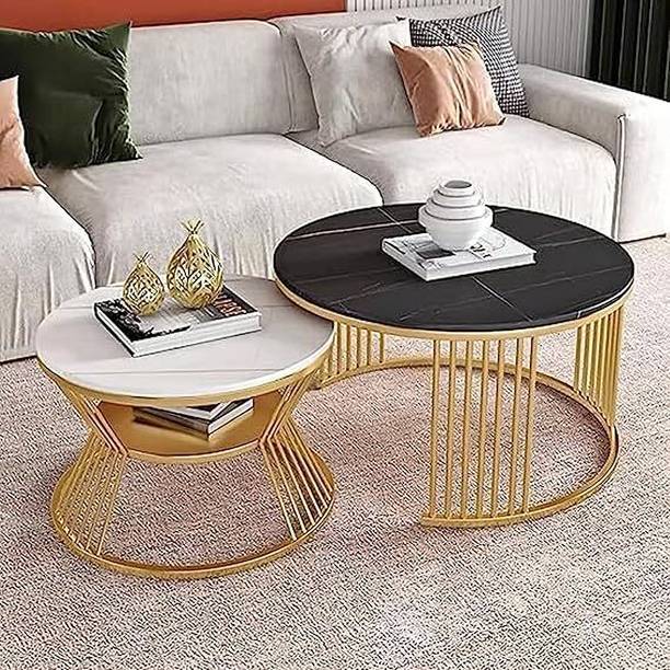 Yusha handicrafts Gold Iron Frame Modern Laminated Marbled Round Coffee Table Set of 2 Engineered Wood Coffee Table