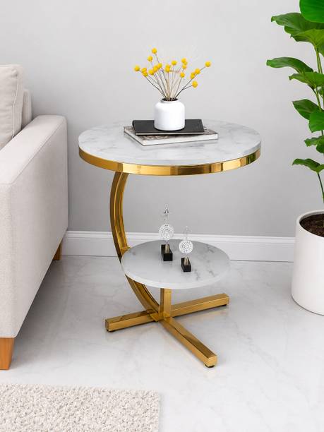 TheCraftCore Royal White Marble Finish 2-Tier Gold Metal Cage Side Table Engineered Wood Coffee Table