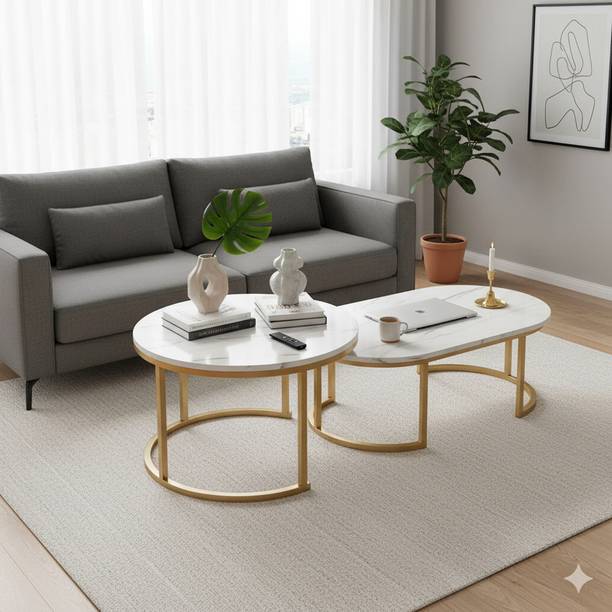 Mysoor art handicrafts Gold Metal Frame | Nesting Table Set | Living Room Furniture Engineered Wood Coffee Table