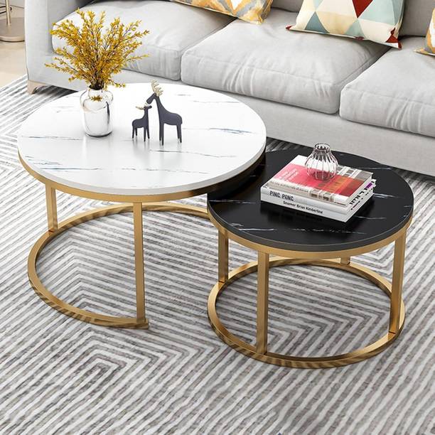 FlipsShoppee Modern Round Nesting Coffee Table 2 Piece Set with Marble Finish & Metal Legs Engineered Wood Coffee Table