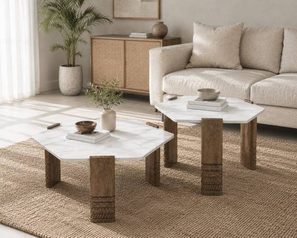 THE ATTIC The Attic Marvo Coffee Table set of 2, hexa shape, wooden legs, White marble Stone Coffee Table