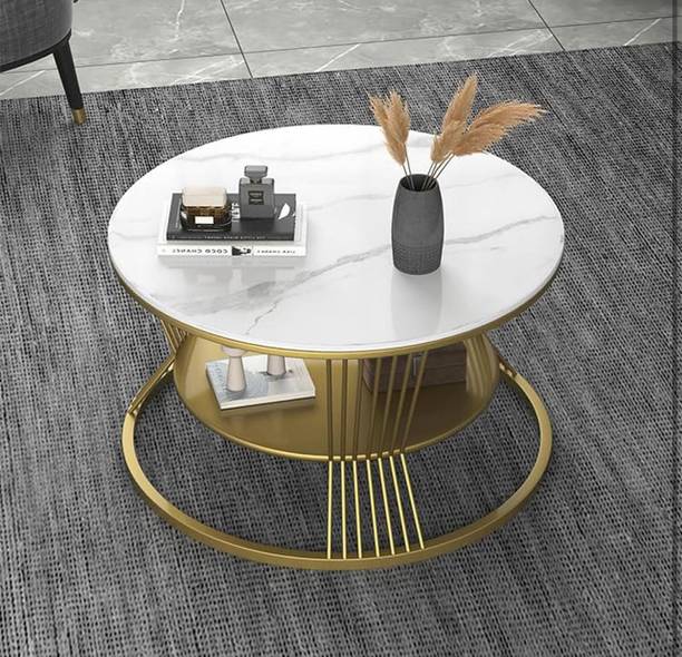 WOODSY Round Coffee Table with Storage - White Marble Top & Gold Metal Frame Engineered Wood Coffee Table