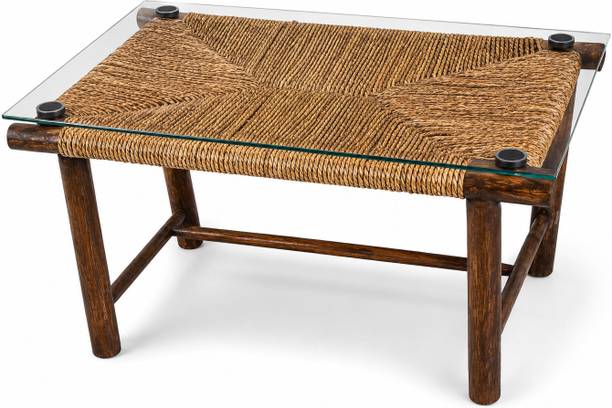 Alok turi Handcrafted Wooden Coffee Table with Woven Natural Fiber Solid Wood Coffee Table