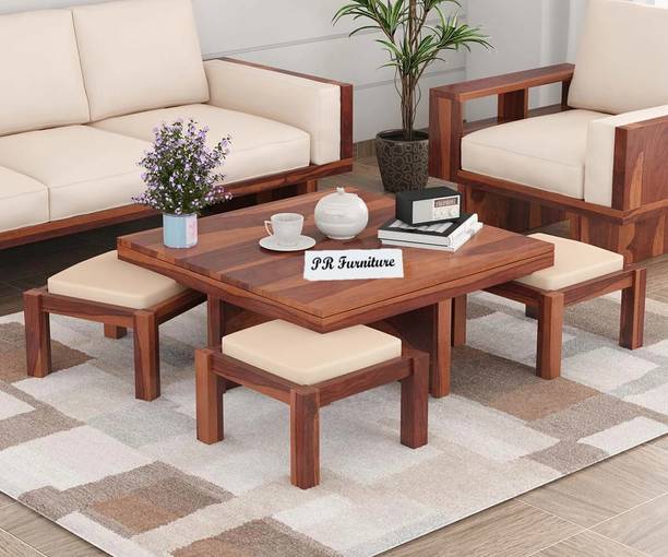 PR FURNITURE Solid Sheesham Wood Coffee Table With Four Stools For Living Room/ Café || Solid Wood Coffee Table