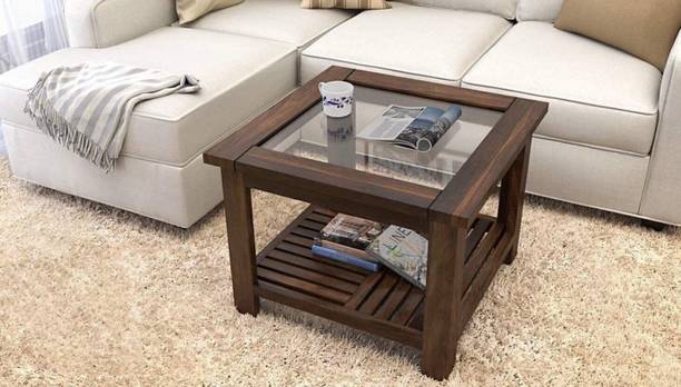 WOODTREND Solid Wood Coffee Table with Glass Top Storage Shelf for Living Room Solid Wood Coffee Table