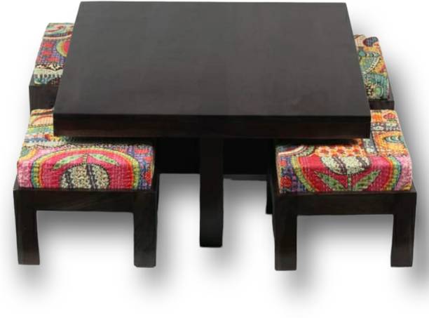 manzees Premium Wood Square Center Coffee Table with 4 Cushion Stools Solid Centre Table Solid Wood Coffee Table